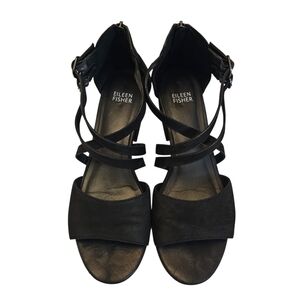 Eileen Fisher Black Tumbled Nubuck Leather Low Block Heels Zippered Backs 8